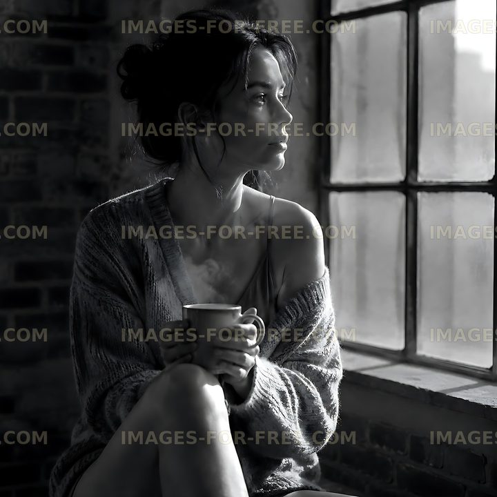 Woman sitting by a window holding a mug in a cozy setting
