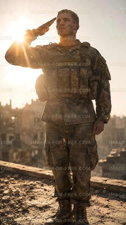Soldier saluting during sunset in a war-torn city