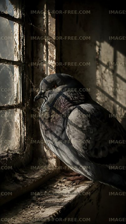 Pigeon resting by a window in a sunlit room