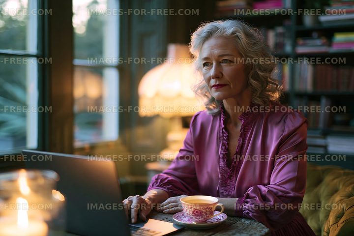 Senior woman working on laptop in cozy room with warm light