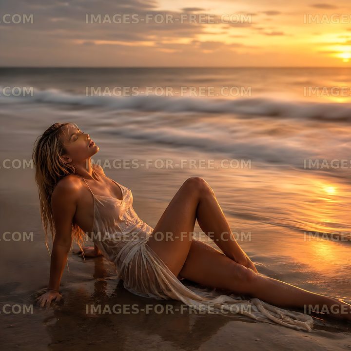 Woman relaxing on beach during sunset with waves