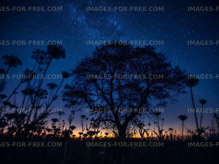 Tree silhouette under starry night sky