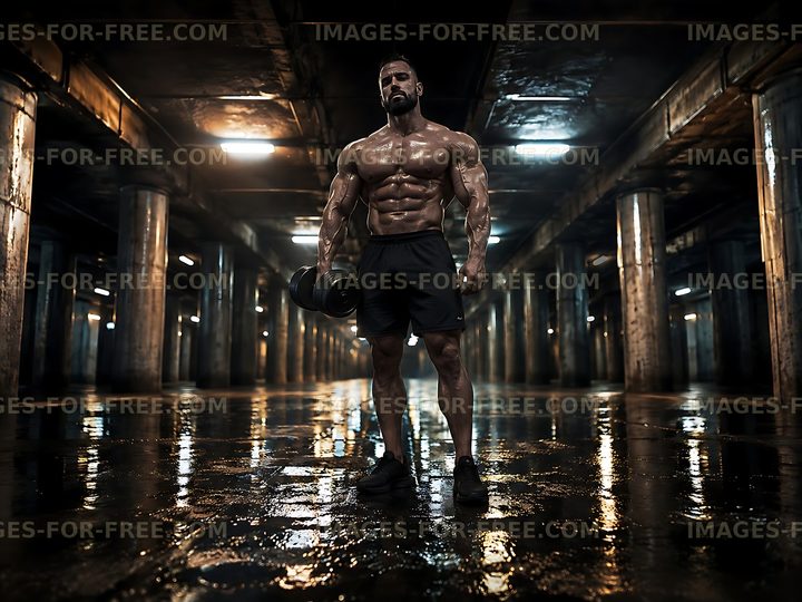 Bodybuilder poses with dumbbell in dark gym setting