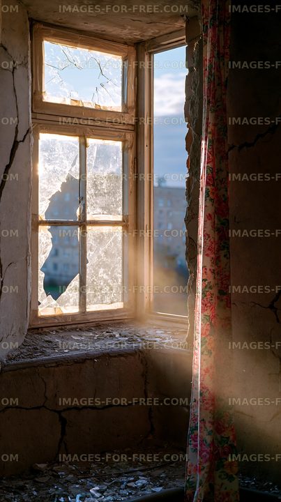 Light streaming through broken window in abandoned building