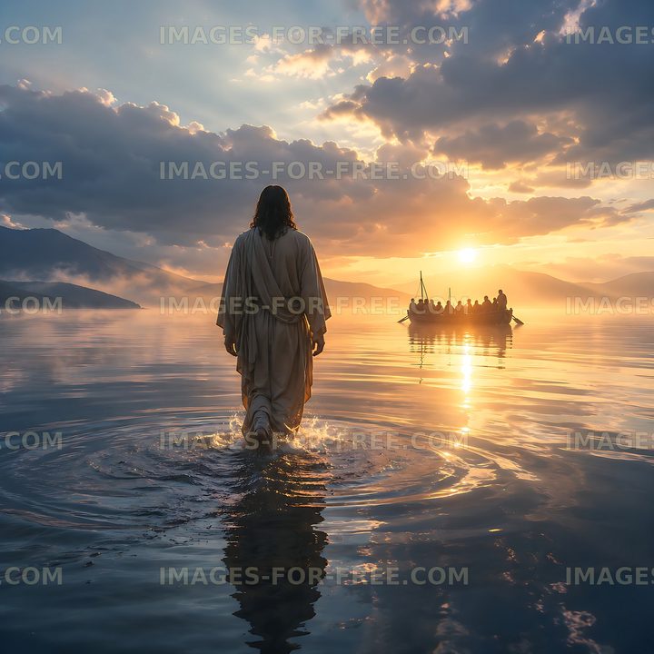Man walking on water at sunset with boat in background
