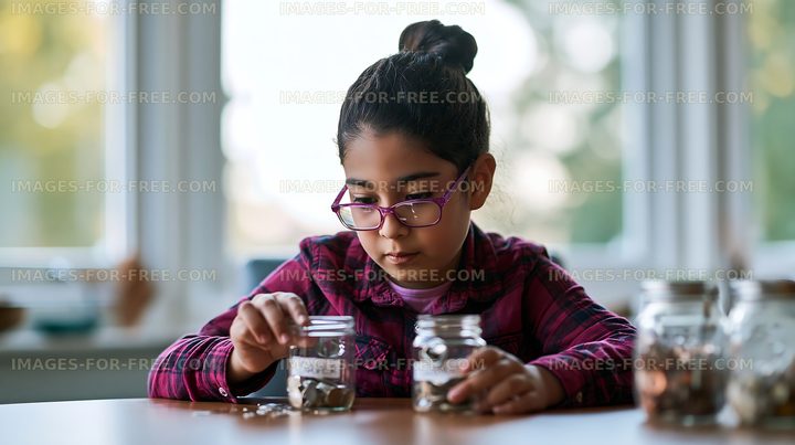 Child counting coins in jars at home