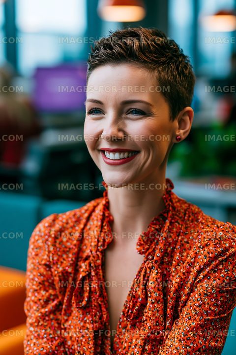 Woman smiling in a modern workspace with colorful furniture