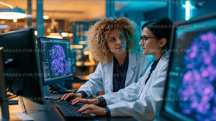 Scientists collaborate in modern laboratory setting