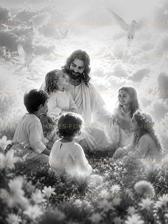 Children gather around Jesus in a serene garden setting