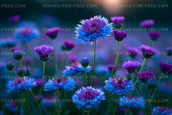 Colorful wildflowers blooming in a field at sunset