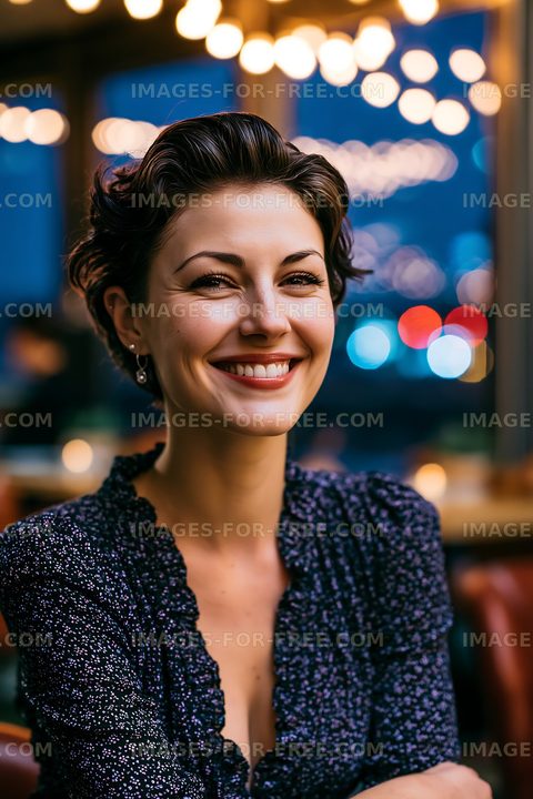 Smiling woman in a cafe with warm lights in background