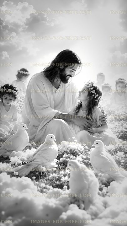 Jesus with children in a serene garden setting