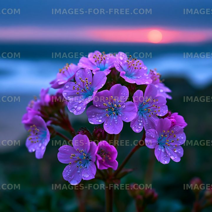 Flowers with drops during sunset by the beach