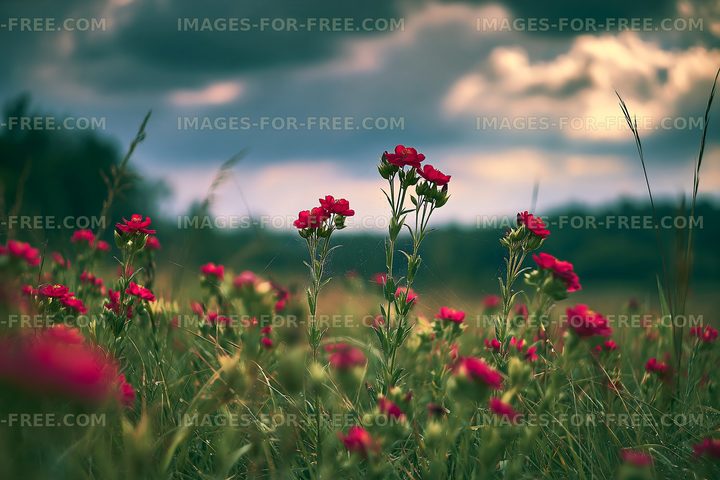 Bright red flowers in a field under a cloudy sky