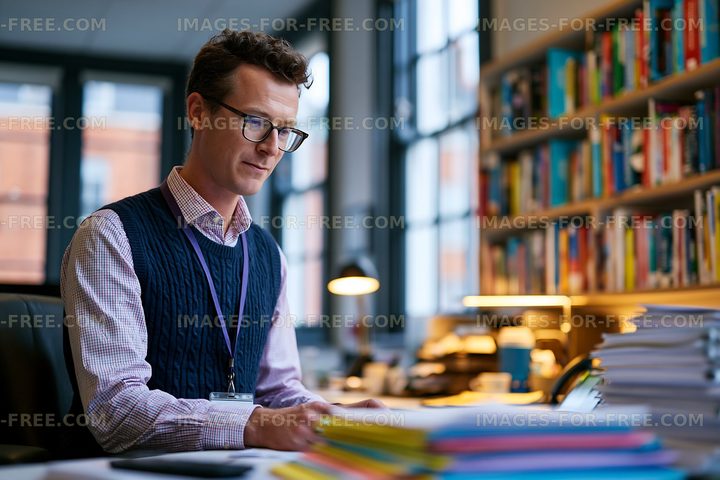 Man working at desk in library with books and documents