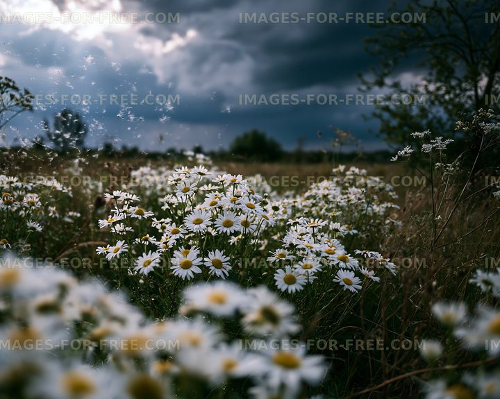 White flowers under a cloudy sky in a field