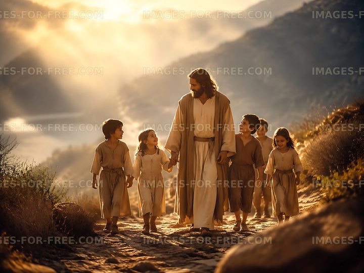 Jesus walking with children on a mountain path