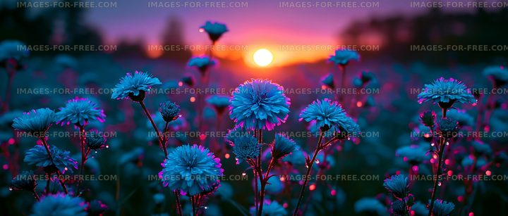 Sunset over a field of blue flowers with glowing details