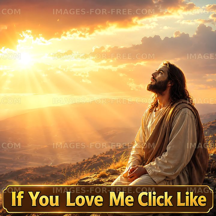 Jesus looking up at the sky during sunset on a hilltop
