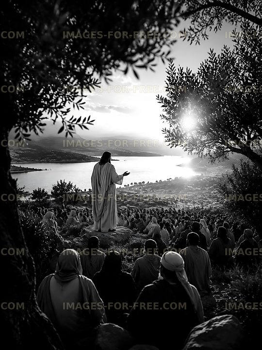Jesus teaching the crowd by the lake during sunset
