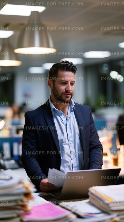 Man stands at desk with laptop in busy office setting
