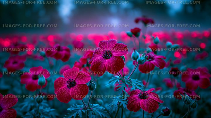 Vibrant red flowers bloom in a serene field setting