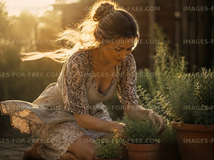 Woman tending to potted herbs in sunny garden setting