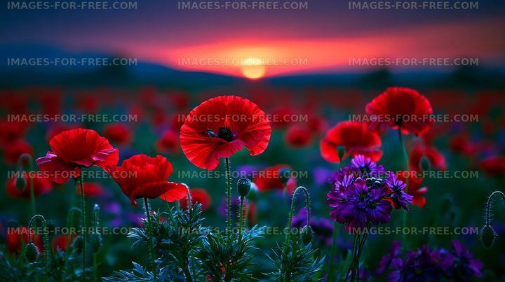 Poppy flowers bloom at sunset in a vibrant field