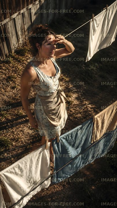 Woman hanging laundry in a backyard on a sunny day