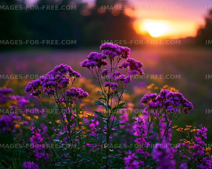 Purple flowers bloom in a field during sunset