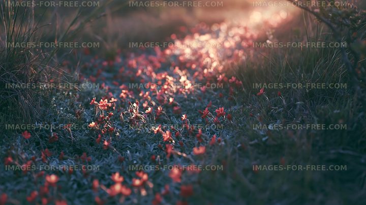 Path covered with small flowers in the sunlight