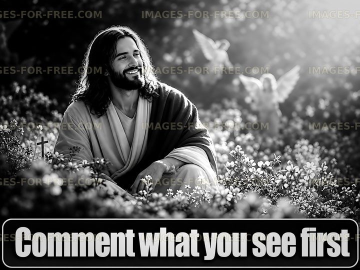 Man with long hair sitting in a field surrounded by flowers