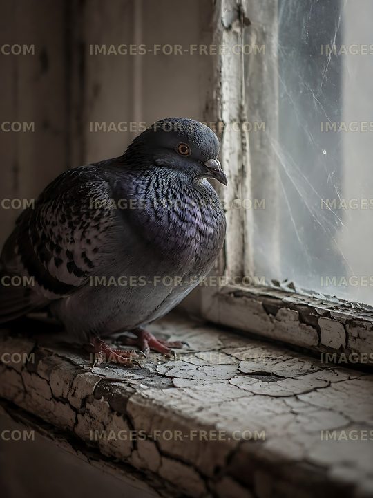 Pigeon resting on a windowsill in an old building