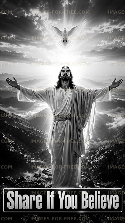 Jesus with open arms on mountain with dove in sky