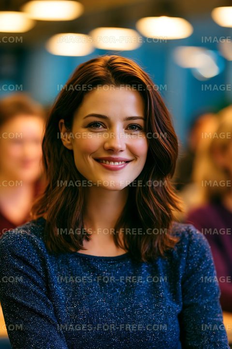 Smiling woman in a blue top sitting in a busy room