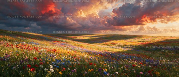 Vibrant field of wildflowers under a sunset sky