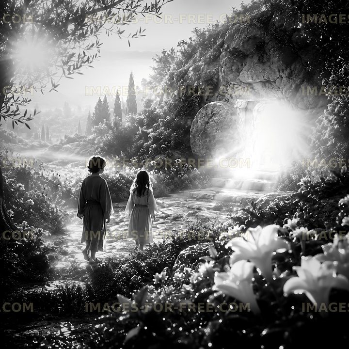 Children walking towards a light in a forest scene