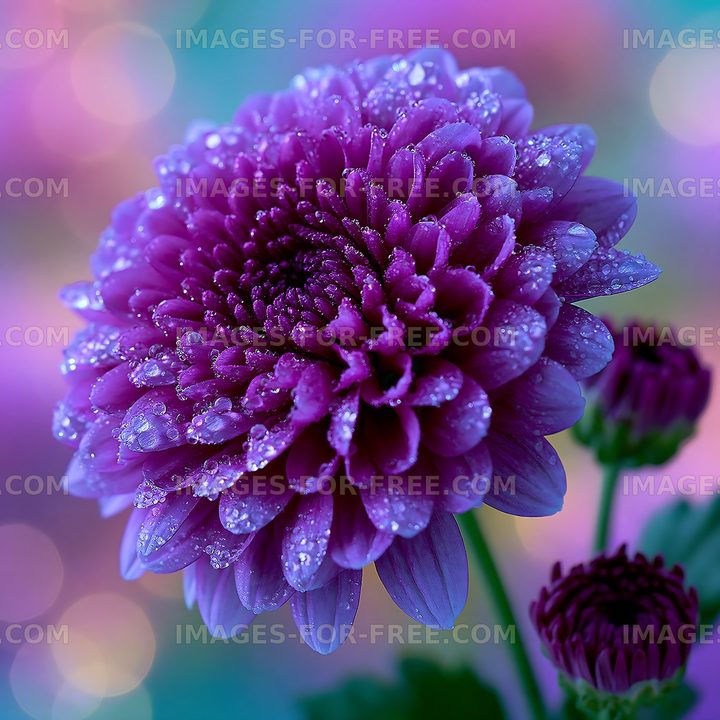 Purple flower with water droplets on colorful background