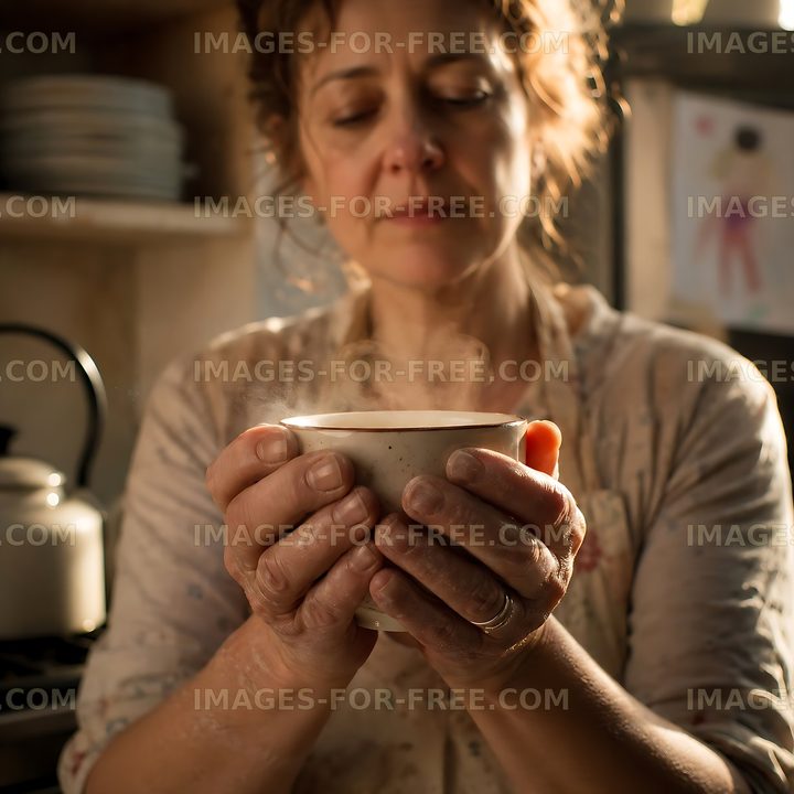 Woman holding cup of hot beverage in a cozy kitchen