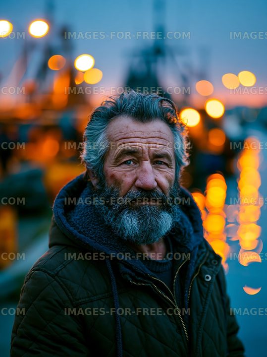 Portrait of an older man by the waterfront at dusk