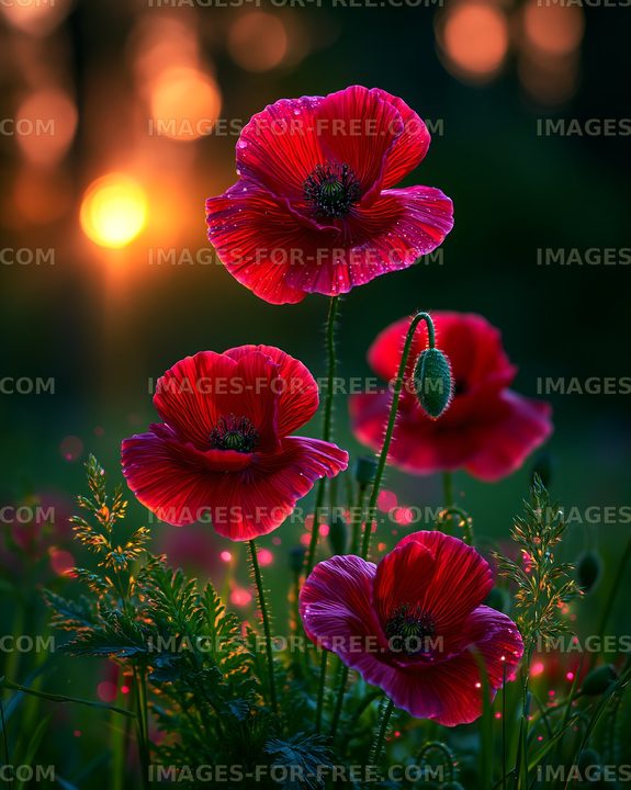 Poppies with sunset in the background at a meadow