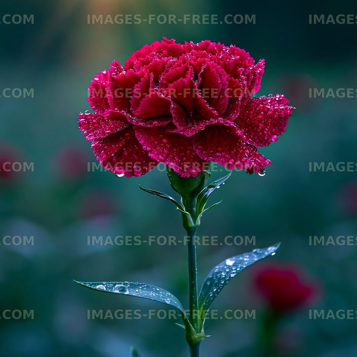 Red carnation flower with water droplets in a garden
