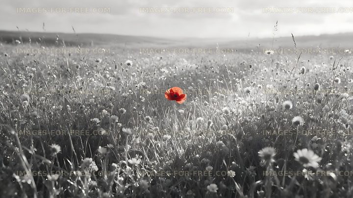Red poppy among white flowers in a field