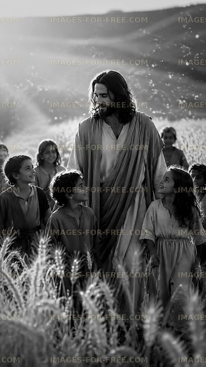 Jesus with children in a wheat field during daytime