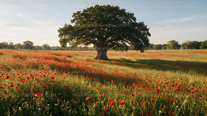 Vibrant field of poppies under a large tree