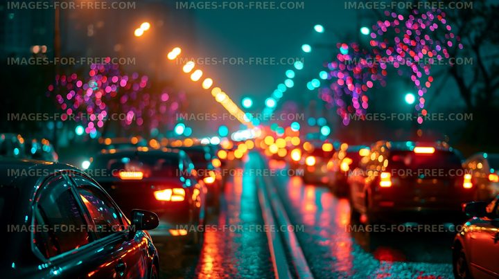 City street filled with cars and colorful lights at night