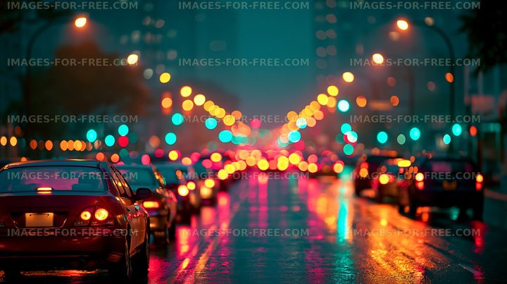 City street at night with traffic and illuminated buildings
