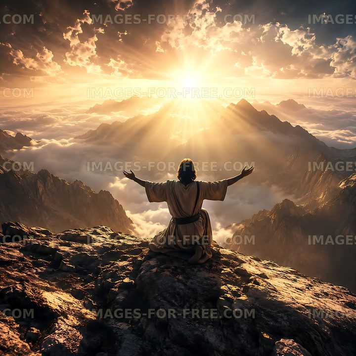 Sunrise over mountains with figure on rocky peak