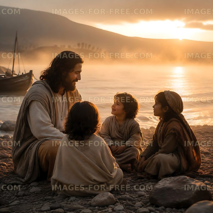 Man sitting on the ground talking to children by the water