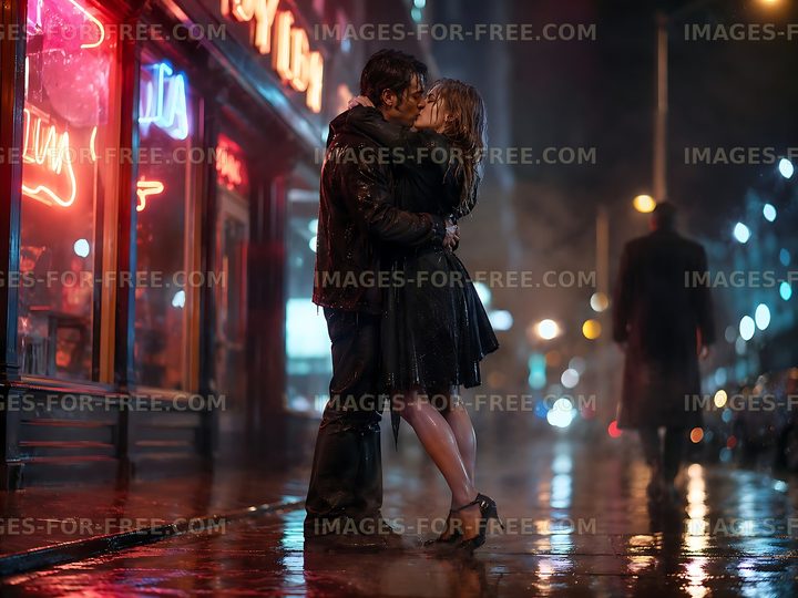 Couple sharing a kiss on a rainy city street at night